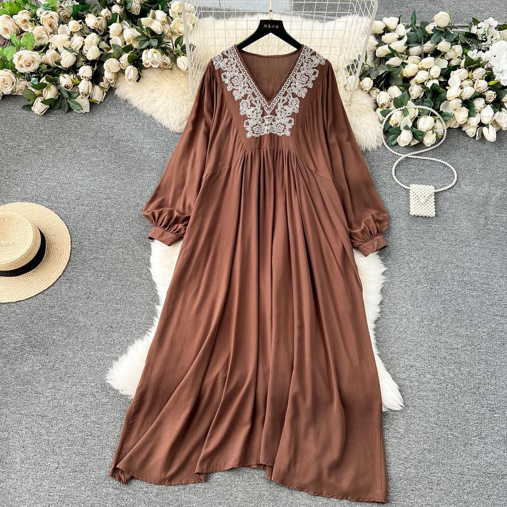 Boho Oversized Dress Women Haft Nadruk Latarnia Rękaw Dekolt w Serek Sukienki Damskie Luźny Krój Panie Vestidos Mujer