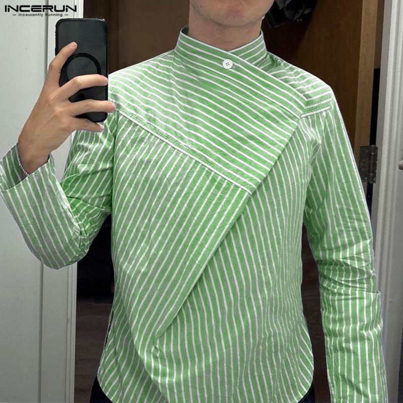 INCERUN Men Wrap Neck Long Sleeve Button Up Striped Print Casual Shirts