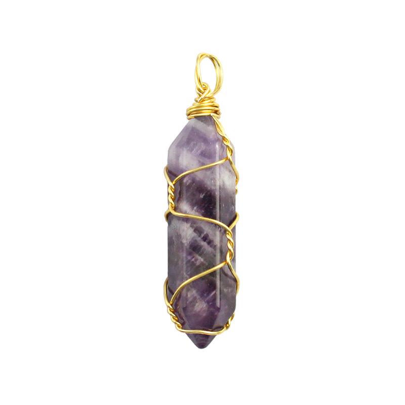 Hexagonal Wire-Wrapped Natural Crystal Stone Pendant Necklace for Women