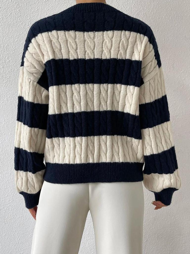 New Autumn Lazy Loose V-Neck Cable Knit Striped Sweater Long Sleeve