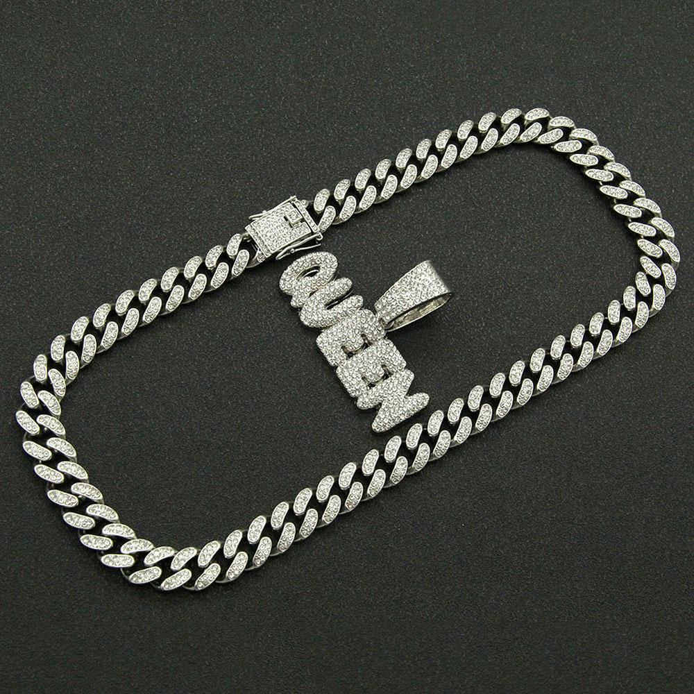 Men Hip Hop KING QUEEN Letter Pendant Necklace with 13mm Miami Cuban Chain Iced Out Bling HipHop Necklaces Fashion Women Jewelry