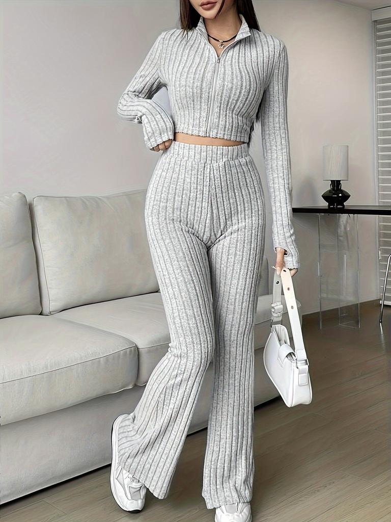 Fashion Solid Stitch Two-Piece Set with Zipper Long Sleeve Crop Top and High Waist Wide Leg Pants Women Casual Outfit