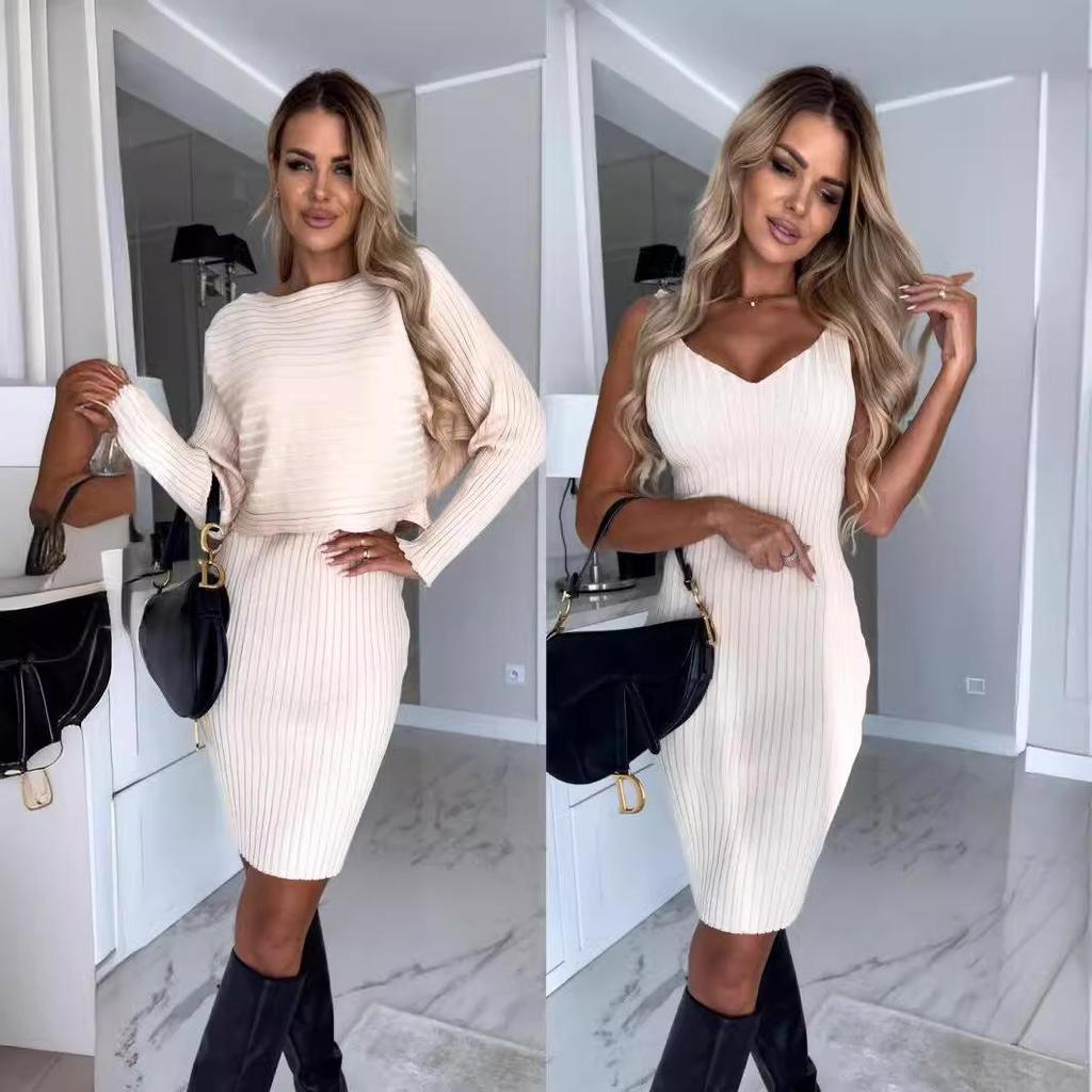 2023 European and American Autumn Fashion Set: Ribbed Long-Sleeved Top + Camisole Dress for Women