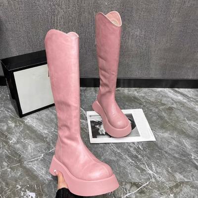 Stivali Sexy da Donna in Vera Pelle 2024 Autunno Nuova Moda Suola Spessa Rotondi Eleganti Stivali da Cavaliere Tinta Unita Casual con Zip