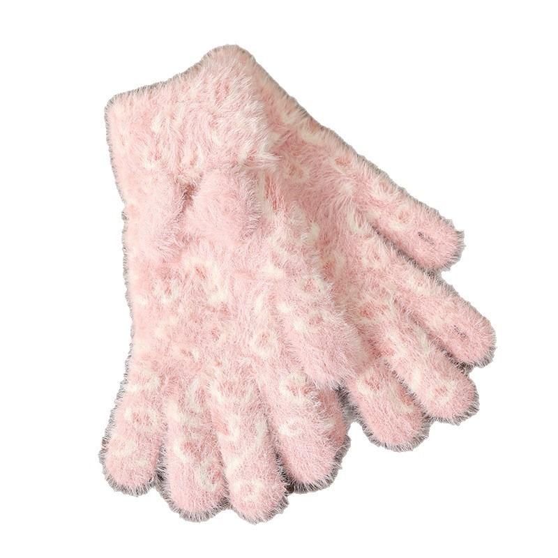 Fashion Bow Gloves Autumn and Winter Warm Gloves Women's Cute Leopard Print Finger Gloves Knitted Gloves