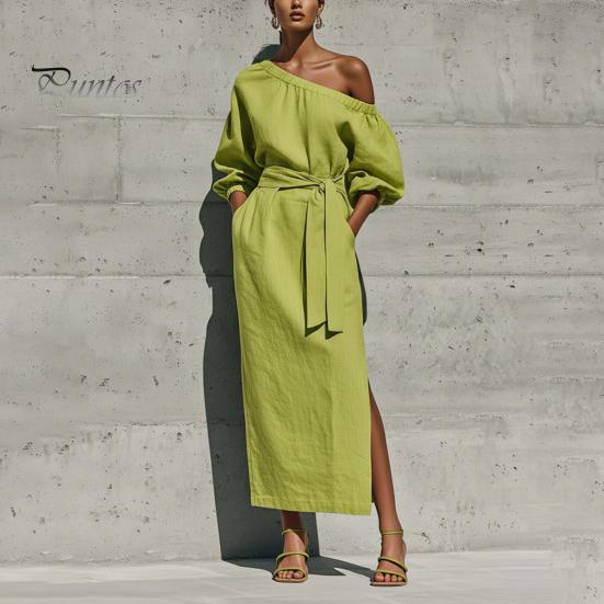 Summer Maxi Dress Women One Shoulder Long Dress, Solid Color Tie Waist Side Split Casual Party Sleeve for Dresses