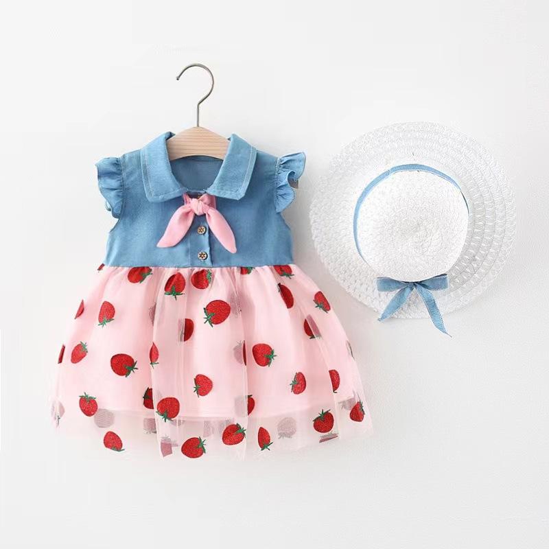 Girls Summer Denim And Tulle Spliced Princess Dress Sweet Cute Children Skirt 73cm