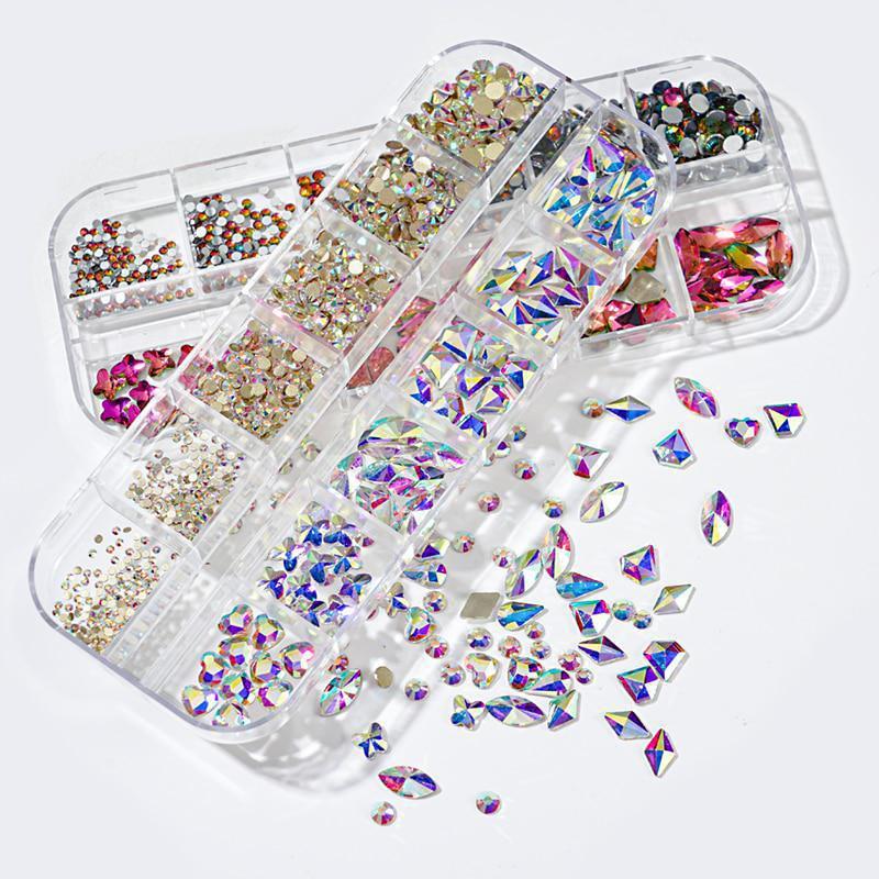 12Gird Box Multi Size Bunte Strasssteine ​​Flatback Crystal Diamond Gems 3D Glitter Nail Art Luxuriöse Dekorationen
