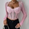 Sexy Spitzen-See-through-Mesh-Korsett-Top mit V-Ausschnitt & Fischgräten-Design für Damen