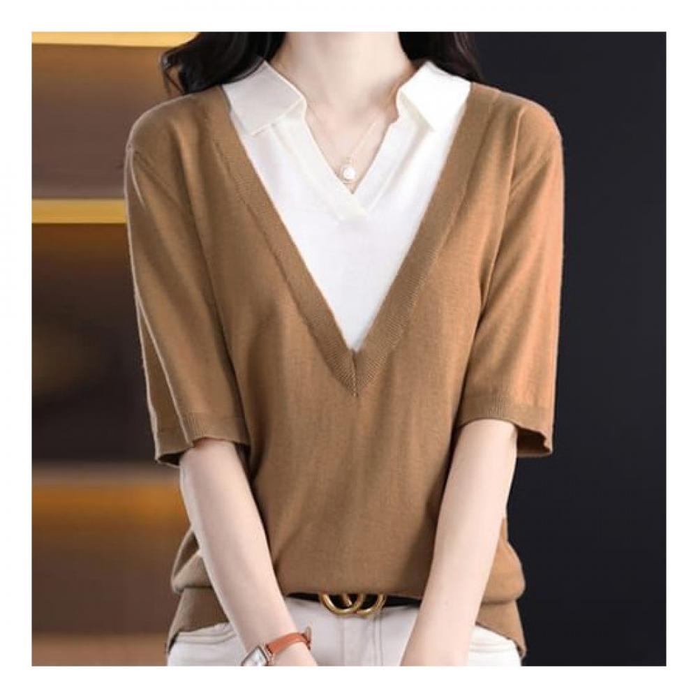 NaVaVa Soft Two In One V Neck Collar Short sleeVe Knit Tee Nk1400
