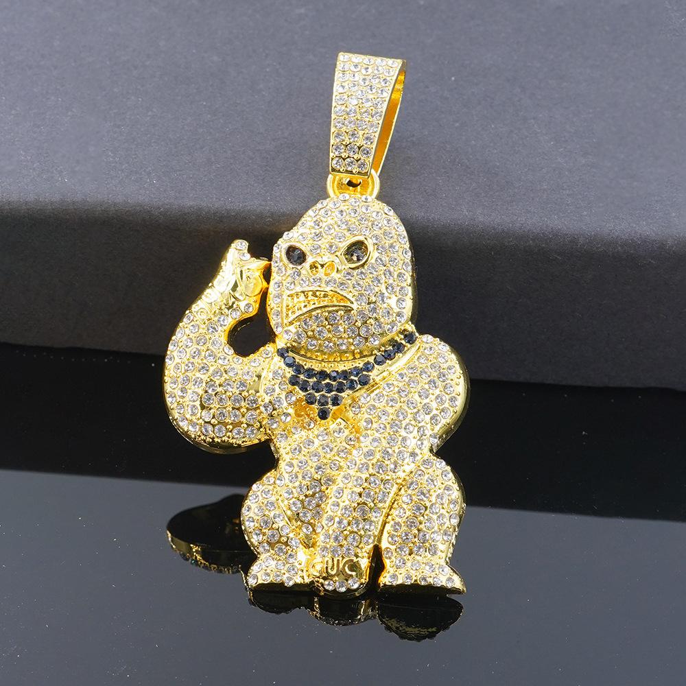 Hip Hop Hit Full Diamond 3D Monkey Pendant, Unisex Necklace, European and American Hip-hop Trend Design Accessory