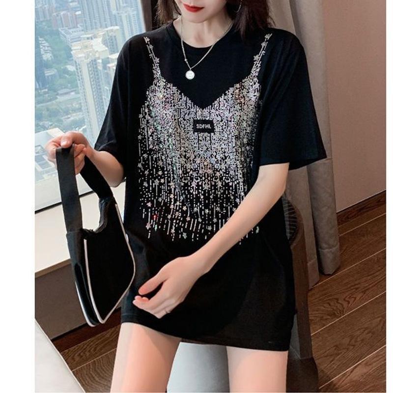 New Summer Fashion Trend Loose Fitting Casual Personality Hot Diamond Round Neck Mid Length Oversize Short Sleeved T-shirt