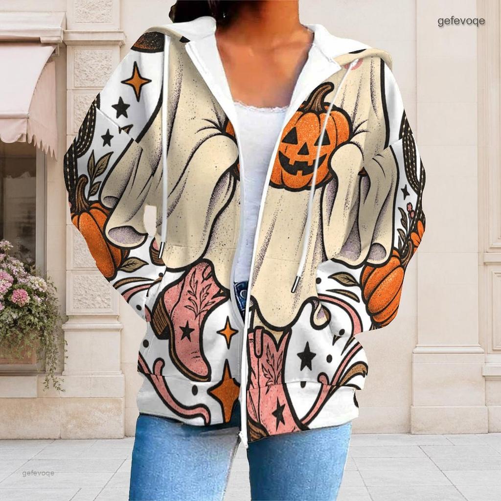 Women Plus Size White Zip Up Hoodie Long Sleeve Halloween Dachshund Printed Drawstring Hood With Pockets