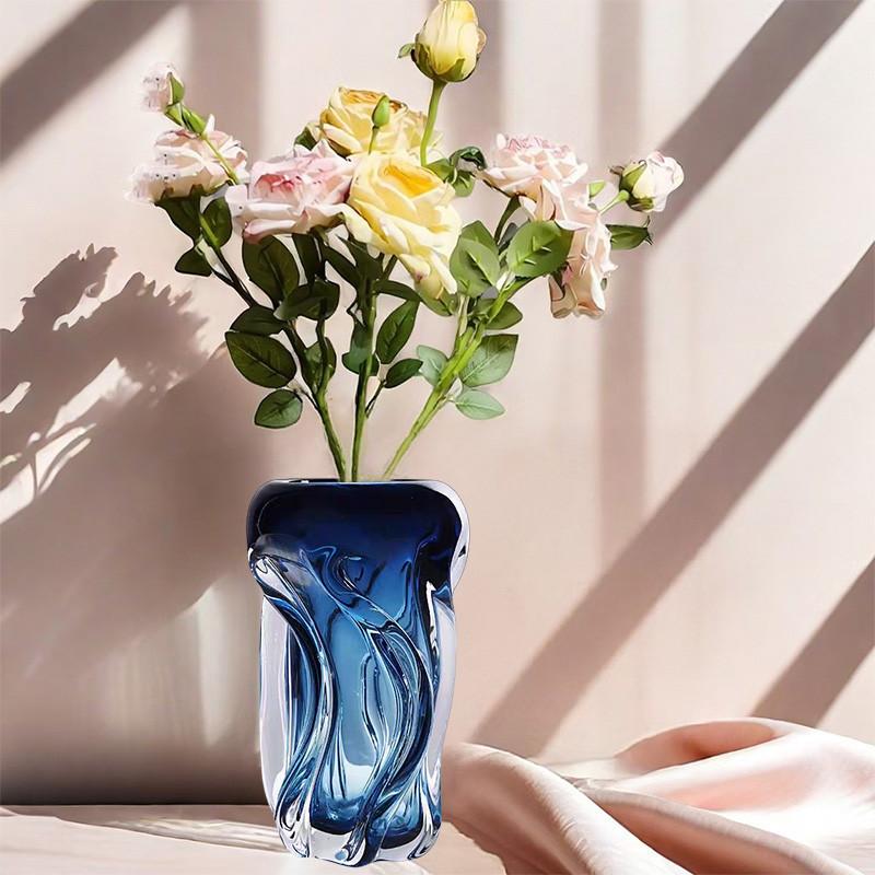 Blue Wavy Vase Thick Transparent Glass Hydroponics Terrarium Wave-twisted Pattern Flower Arrangement Flowerpot Home Decoration