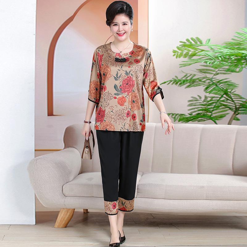 7XL Summer Plus Size Chinese Style Two-Piece Set for Middle-aged and Elderly Women