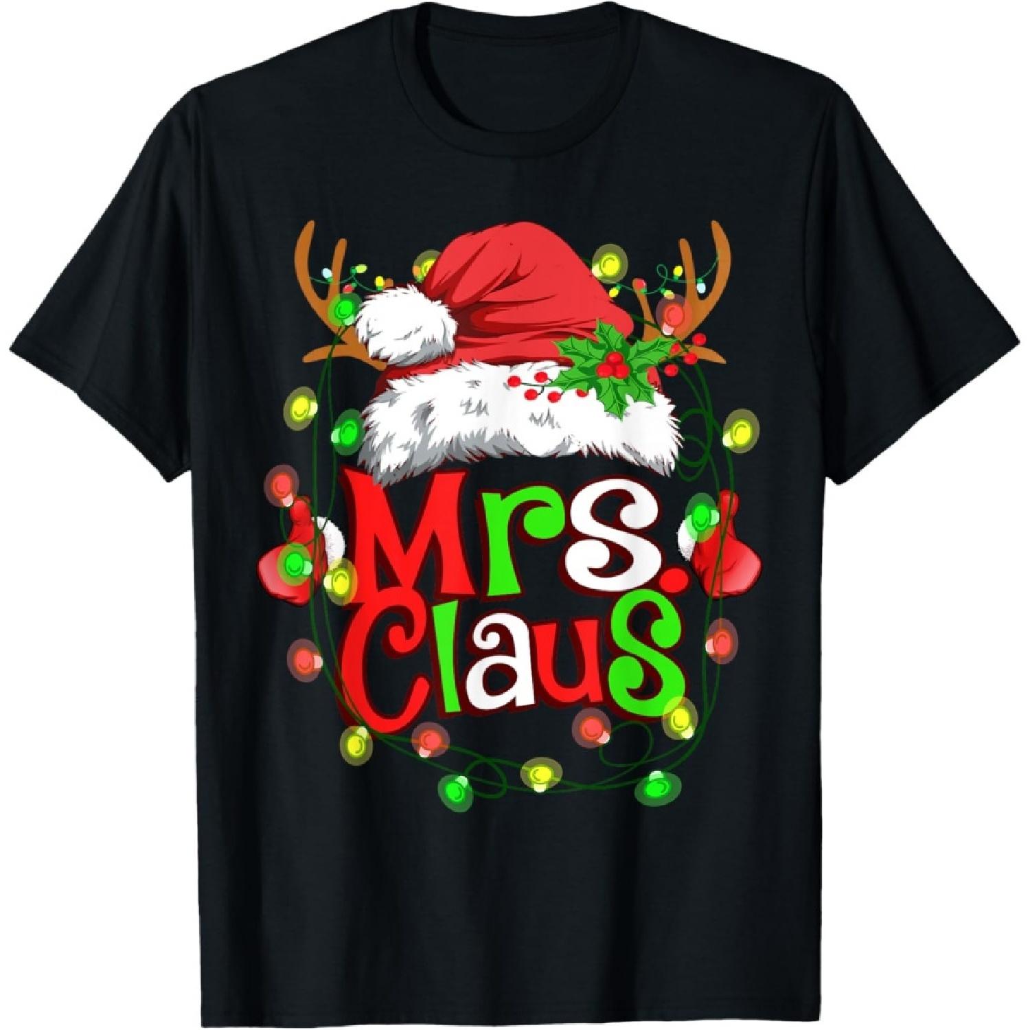 Mr and Mrs Claus Santa Reindeer Couples Christmas Lights T-Shirt S