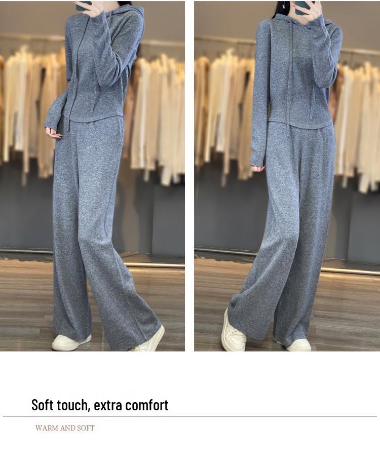 Autumn Gray Wool Slim-Fit Pants & Hooded Knit Sweatshirt Set - Korean Socialite Style