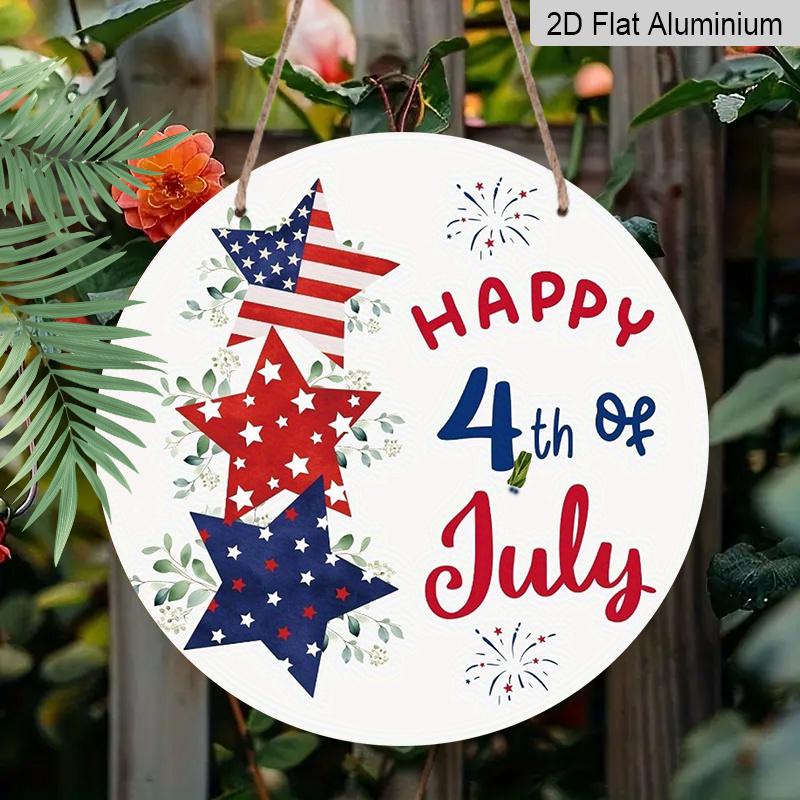2D Flat, 1Pc Round Aluminum Hanging Sign, Patriotic 4Th of July, Featuring Red, White, And Blue Decorations, Including Pentagrams And Fireworks