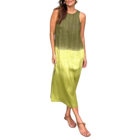 Summer Cotton Linen Dress for Women Casual Sleeveless Tunis Maxi Tank Dress Side Slit Beach Sun Dress