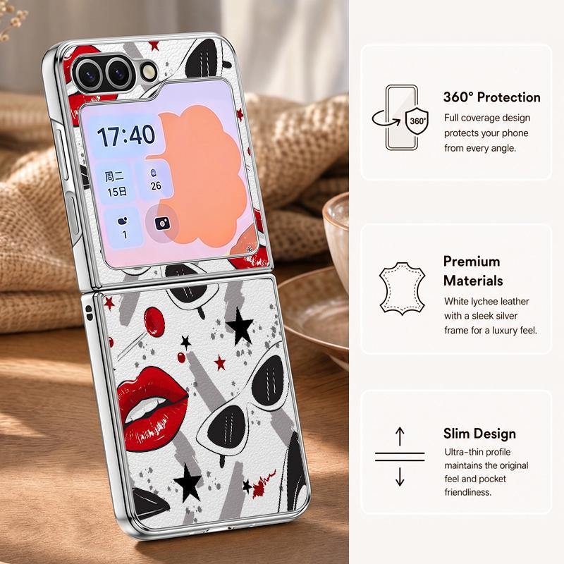 Fashion Kiss Lips Pattern Case For Samsung Galaxy Z FlIP 7 FE 6 5 Plating PC+PU Leather Hybrid Folding Cover For Samsung Z Flip7 Flip6 Flip5