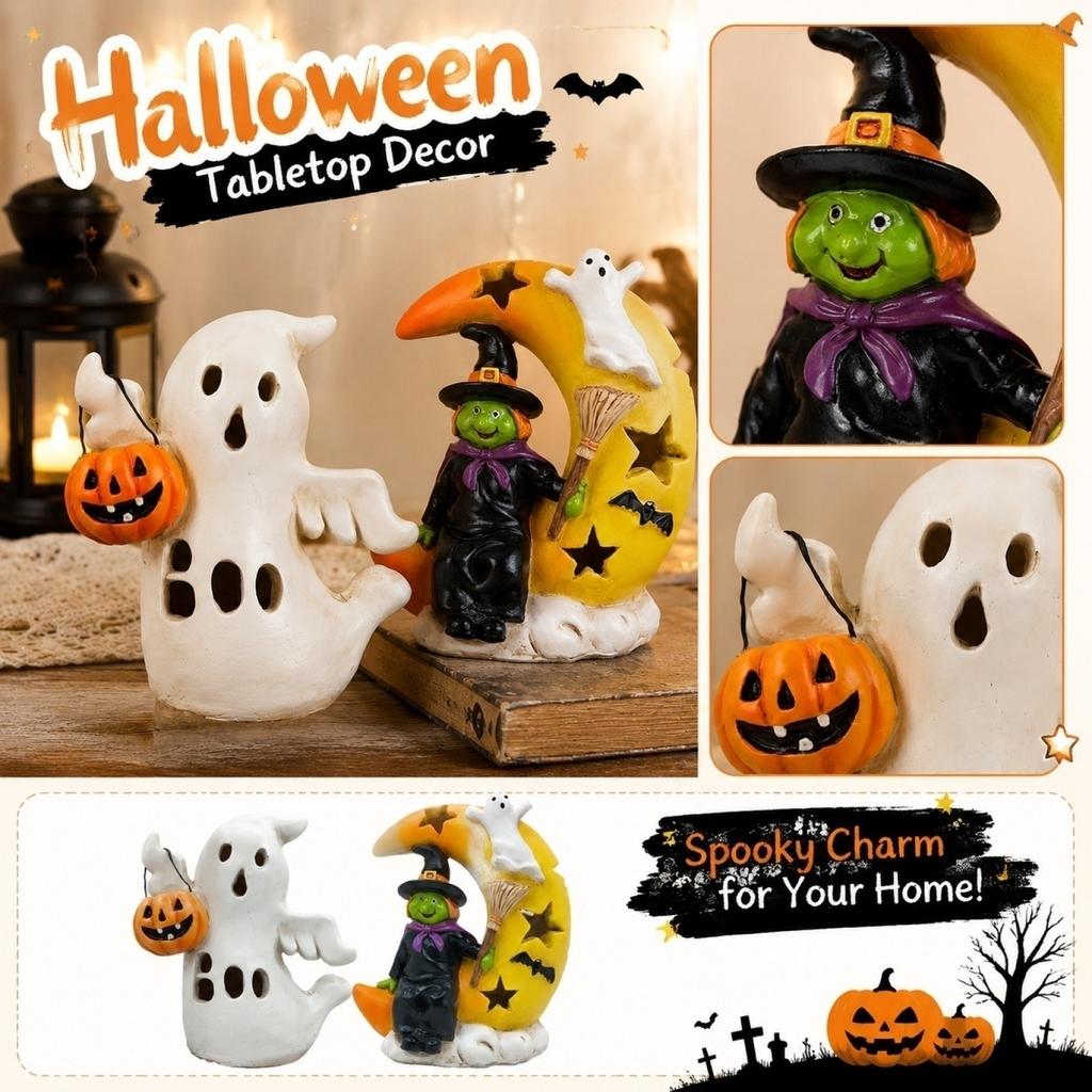 Halloween Solar Powered Resin Witch and Ghost Moon Tree Decoration with Star and Bat Cutouts for Outdoor Indoor Use