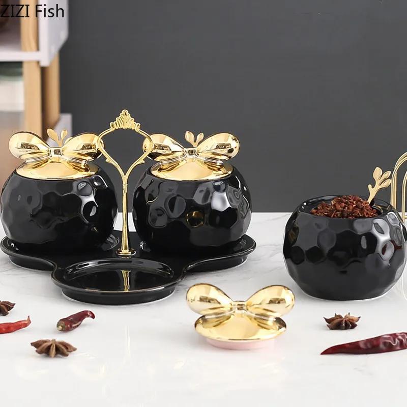 Seasoning Jar Three-piece Set with Lid Ceramic Spice Jar Set Salt and Pepper Storage Jar Home Decoration Kitchen Seasoning Tool