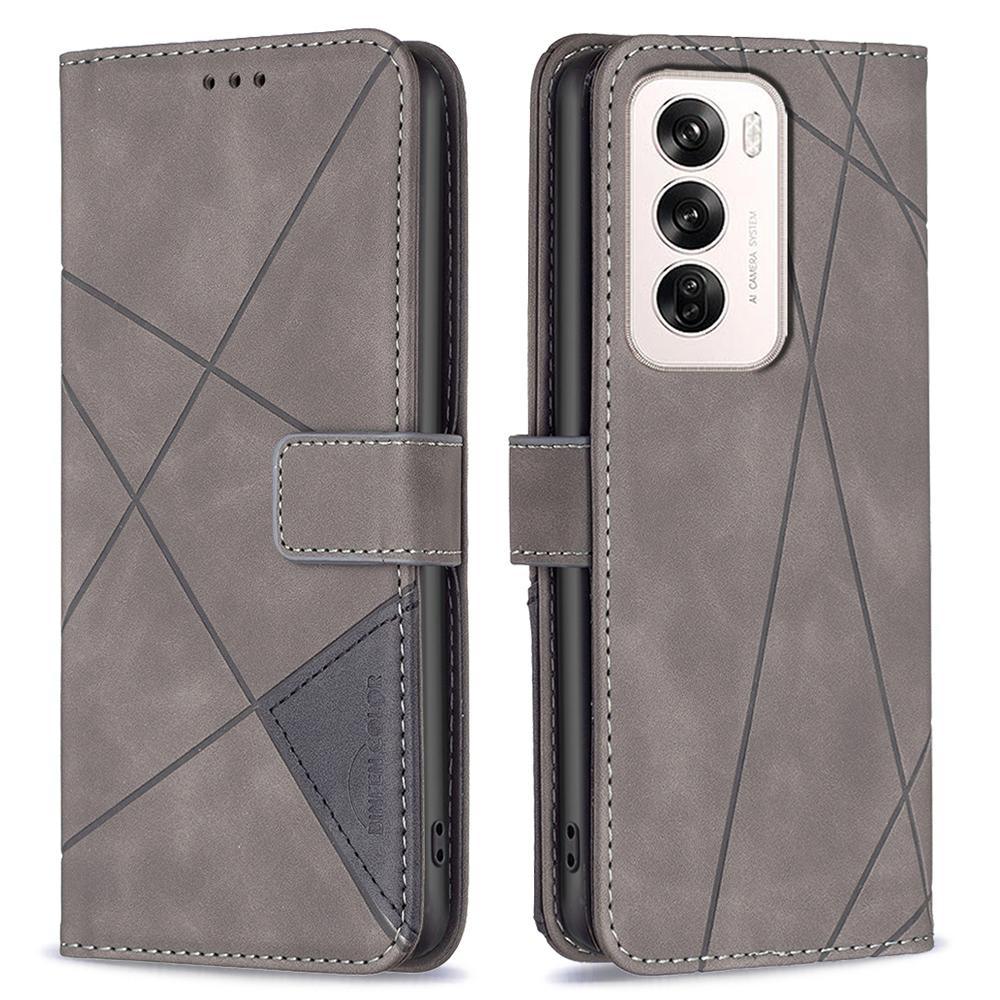 

For Oppo Reno12 5G (Global) Phone Cases Wallet Stand Geometry Imprint Leather Cover Grey