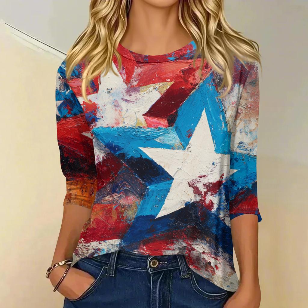 Women's fashionable casual round neck three-quarter sleeve Independence Day printed T-shirt top