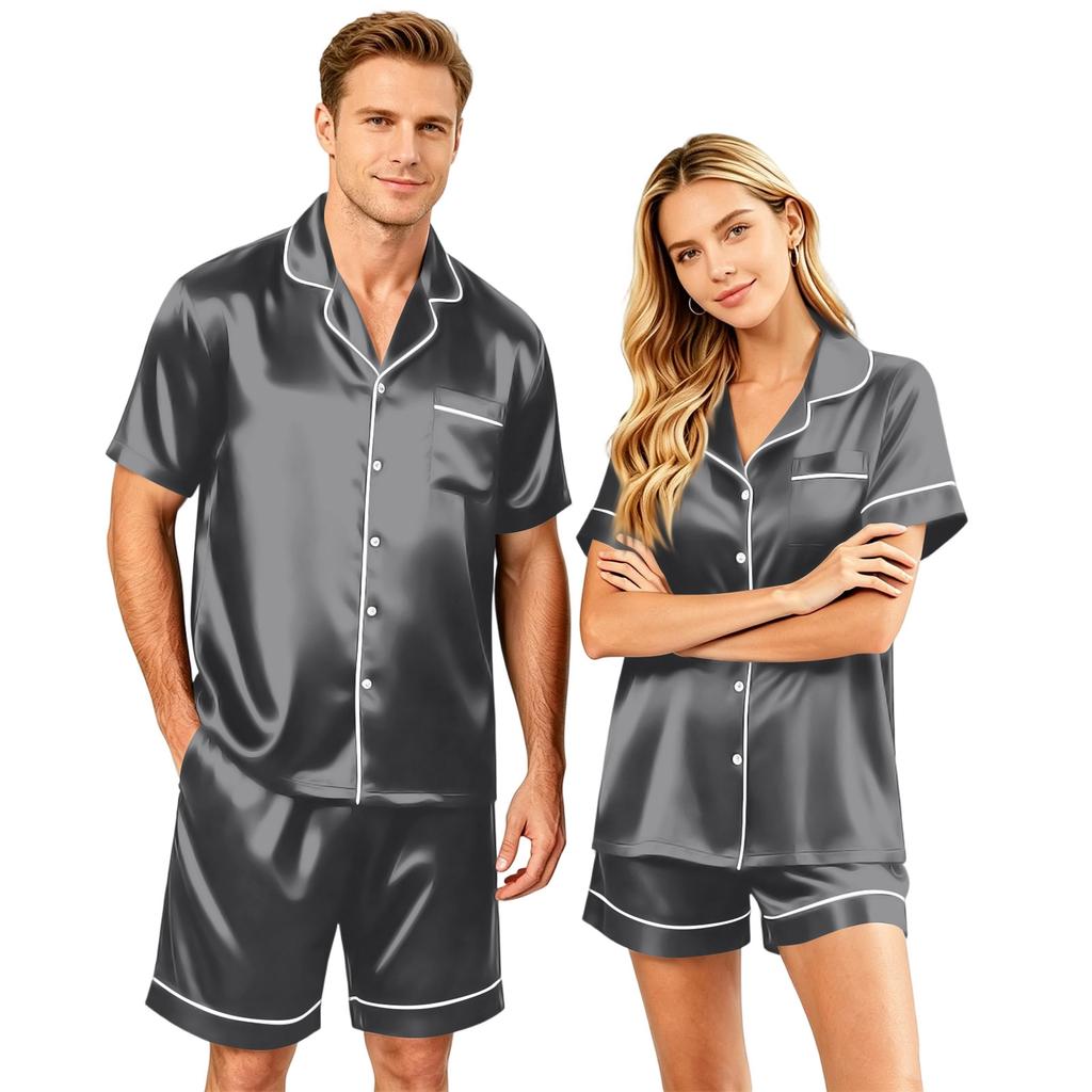Couple Matching Pajama Set Short Sleeve Button Down Shirt and Shorts Soft Lightweight Lounge Sleepwear Set S-XXXXL for Men and Women