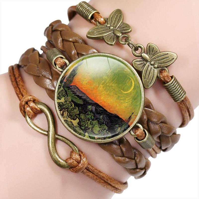 Vintage Handmade Leather Multi Layer Bracelet Butterfly Infinity Design Van Gogh Painting Crystal Bangle Jewelry Set