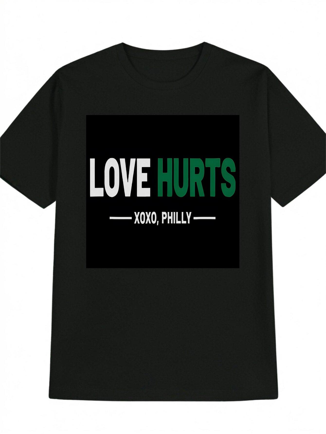 Casual Crew Neck T-shirt with LOVE HURTS Print - Black XL