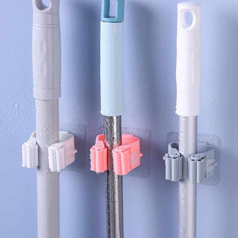 

Punch-Free Mop Holder: Traceless Bathroom Storage Rack with Buckle Clips for Brooms Mixed Colors