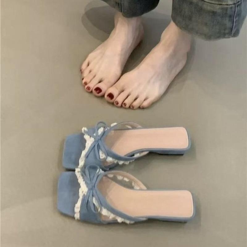 Fashion Fashion Lace Cross Bow Slippers Women's Summer New Square Toe Open Toe Soft Sole Low Heel Sandals