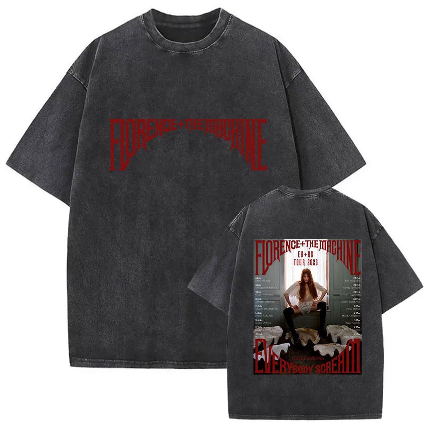 Florence and The Machine Tour  Vintage Washed T Shirt Men Women Harajuku Aesthetic Oversized Cotton Tshirts Yk Streetwear