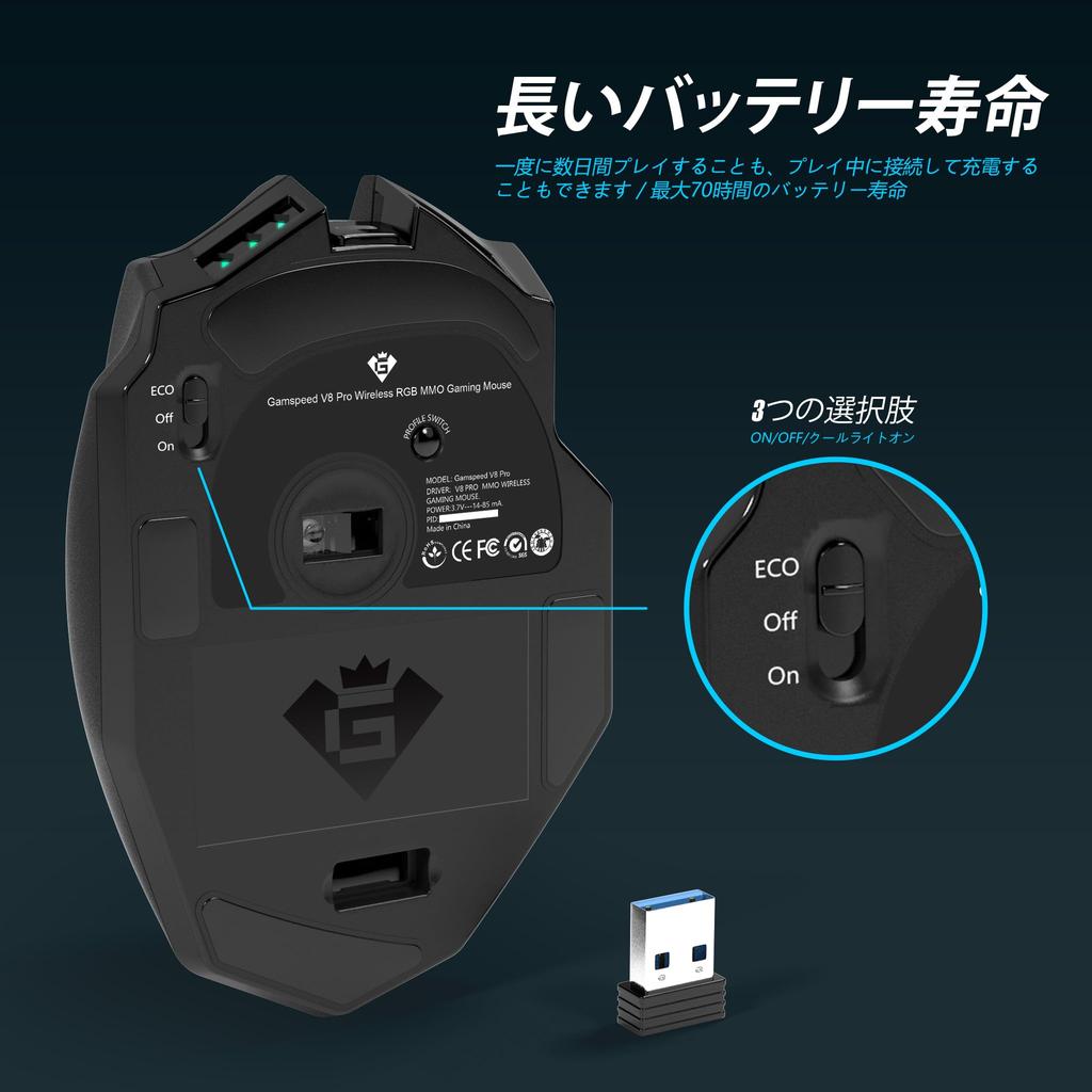 Gamspeed MMO Gaming Wireless 16000 1000Hz Polling DPI 16 Programmable Palm Grip Ergonomic Chroma RGB Mouse Lag-Free Mouse, DPI, Rate, 2.4GHz, 5-Level