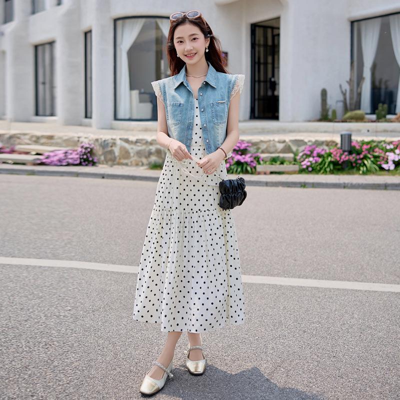 Women's Retro Denim Jacket & Polka Dot Slip Dress Set - 2025 Summer Fashion N66101