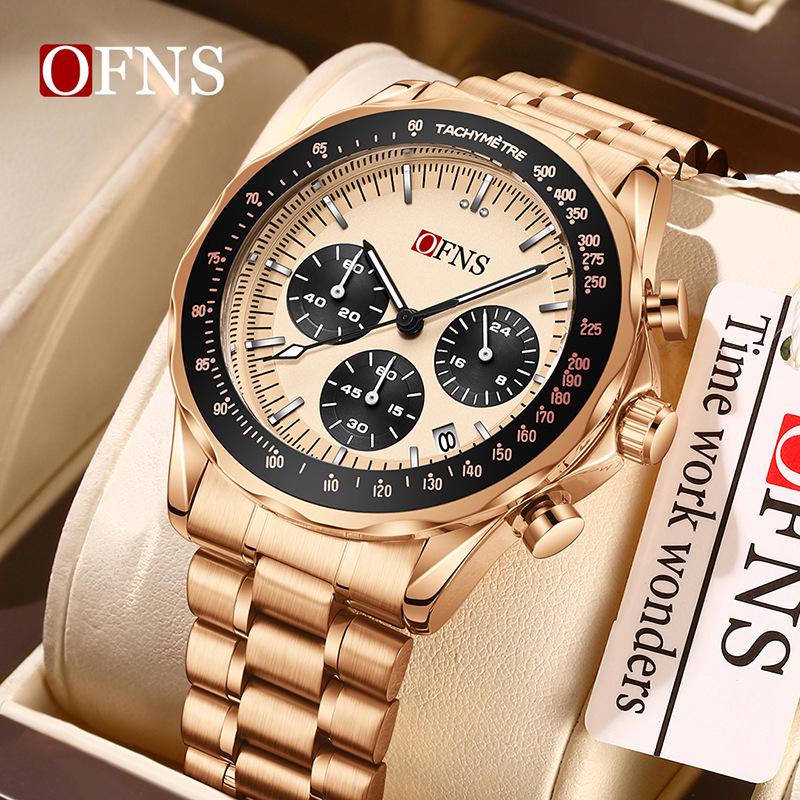 Oufanni Men s Waterproof Quartz Wristwatch with Steel Band, Stopwatch, Minute Hand Timer, and Calendar.