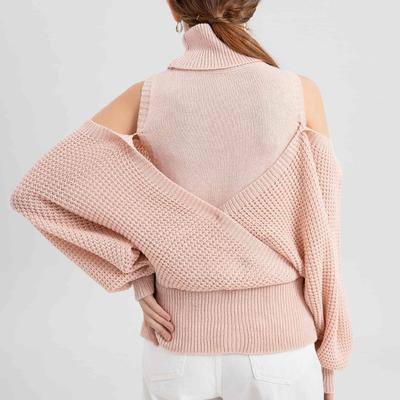 Autumn and Winter High-neck Off-the-shoulder Gentle Style, High-end Solid Color Knitted Double-layer Design, Long-sleeved Sweater for Women