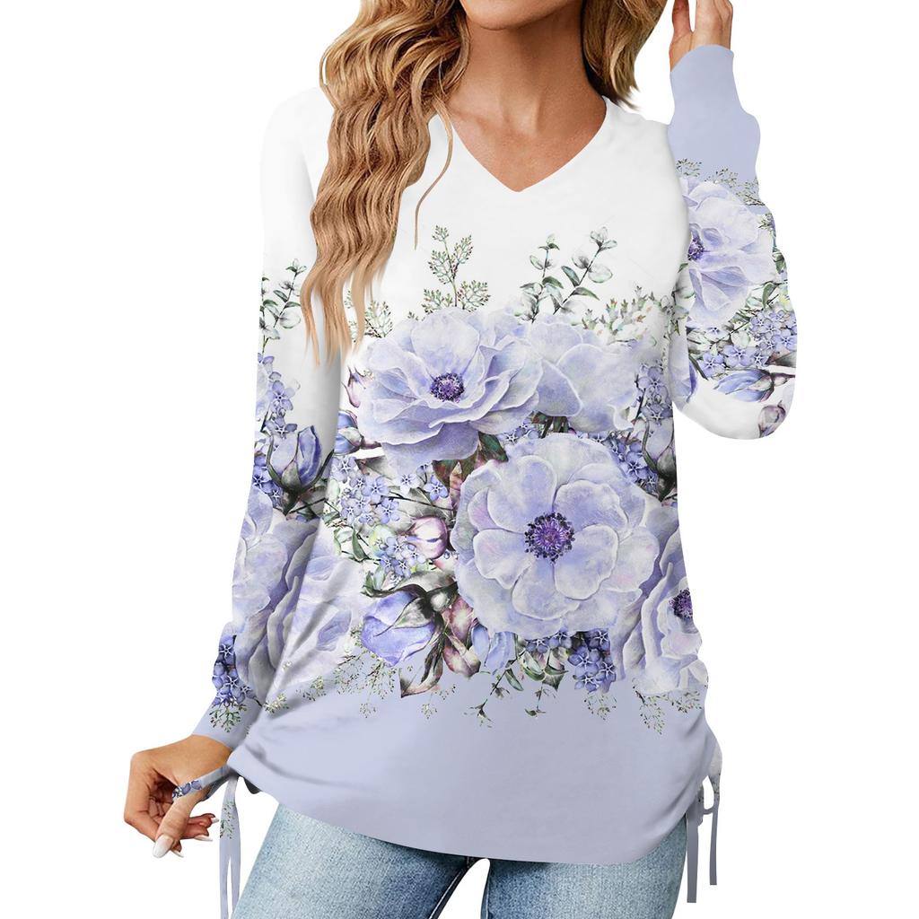 Women's Fashion Casual Printed Long-sleeved V-neck Pleated Loose T-shirt Top