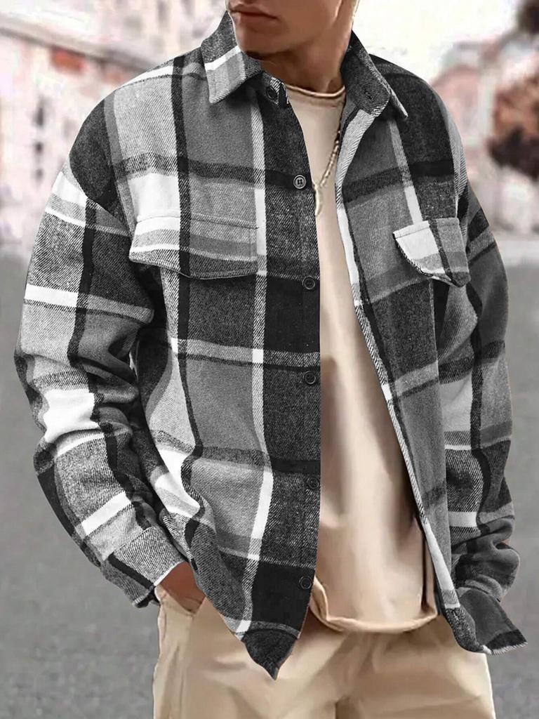 Men's Retro Plaid Brushed Long Sleeve Shirt Jacket with Elegant Lapel