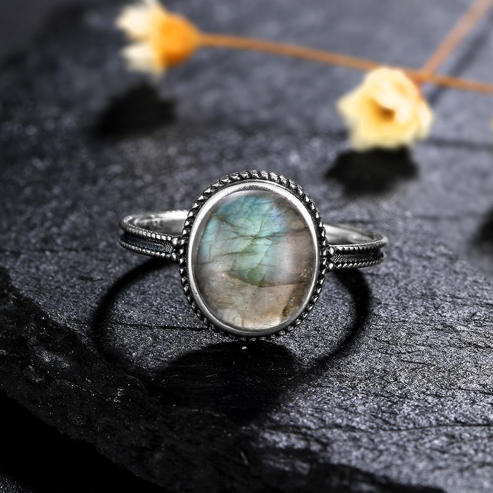 CopperRing for Women Oval Round Natural Labradorite Ring Gift Sun Shaped Retro Luxury Fine Jewelry