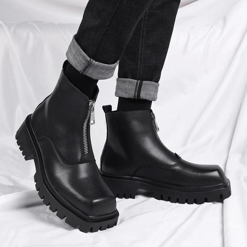 High Quality Casual Leather Men Thick Bottom Designer Shoes British Style High Top Dress Shoes New Fashion Round Toe Ankle Boots
