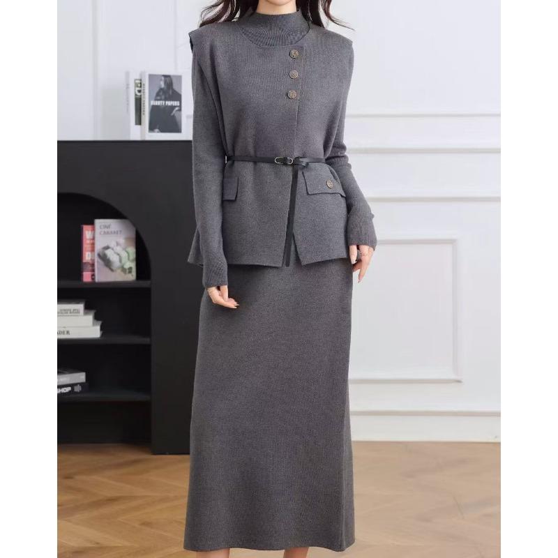 

Модный тренд вязаное платье-жилет комплект из двух предметов осень и зима новый темперамент элегантный ветер свитер костюм женский one size fits all темно-серого