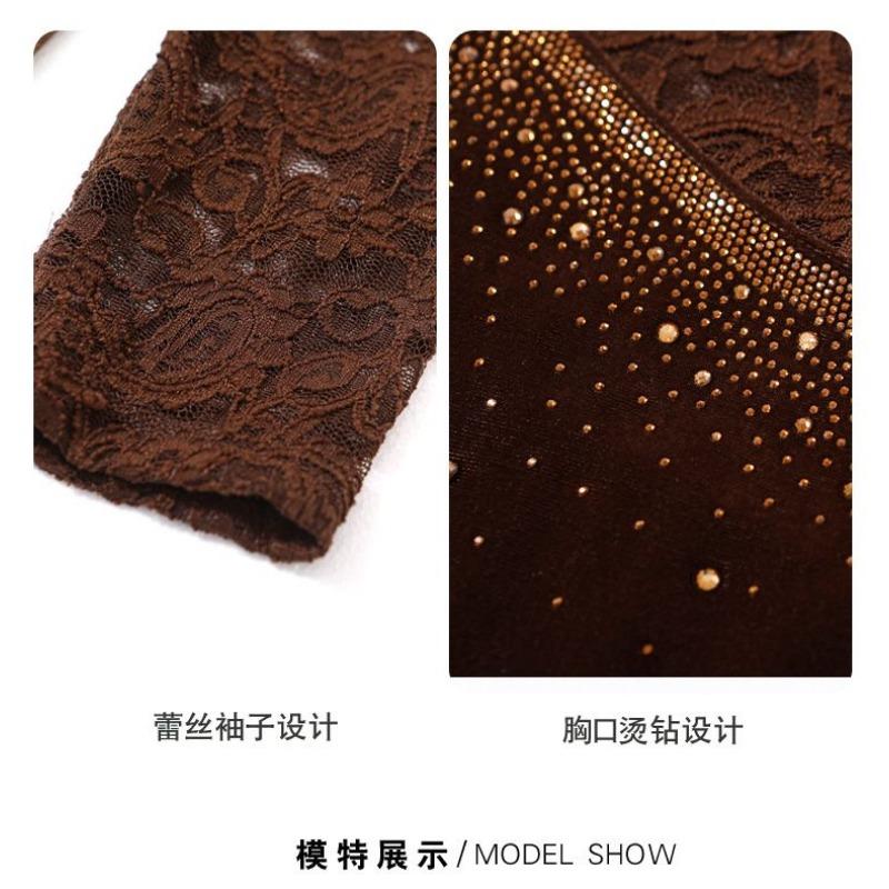Women's Elegant Half Turtleneck Lace Top Rhinestone Decor Long Sleeve Slim Fit Warm Casual Blouse