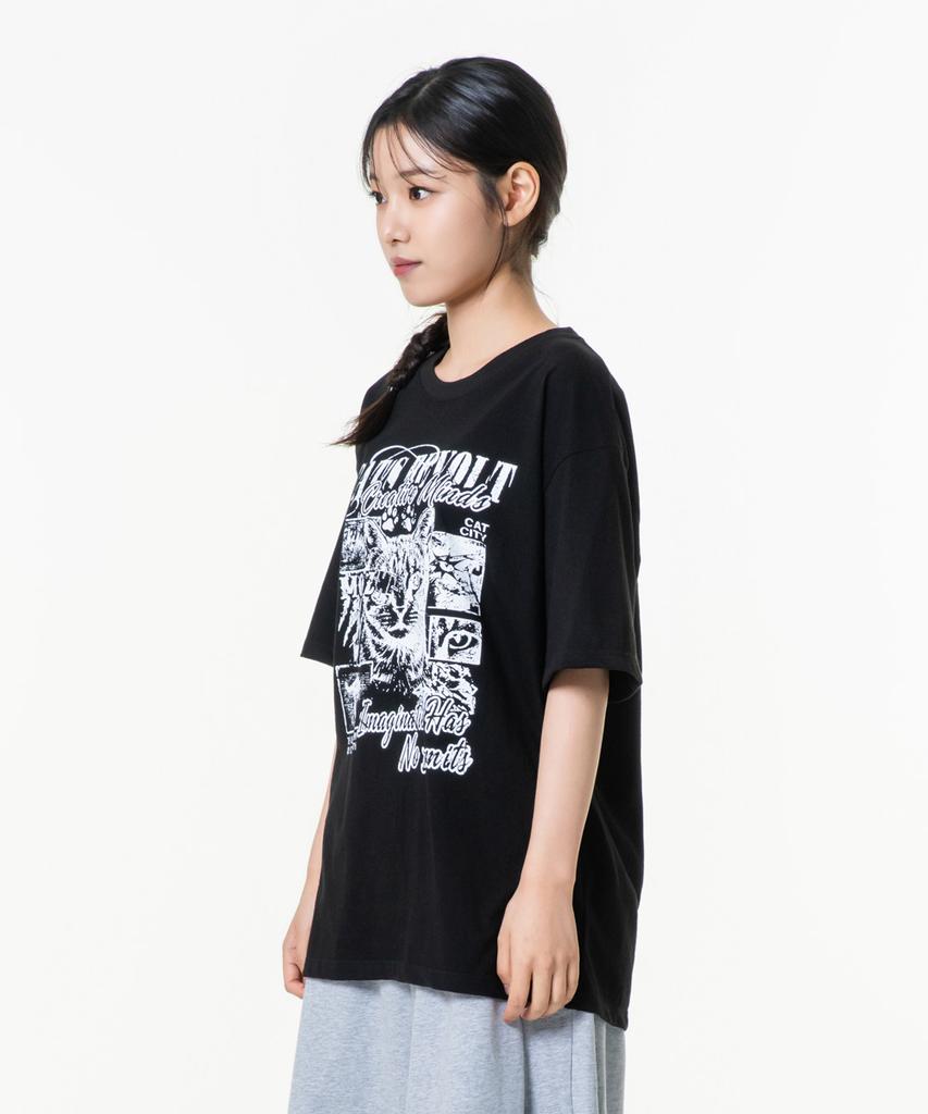 MOZMOZ Icat Oversized Graphic Short Sleeve T-Shirt Black