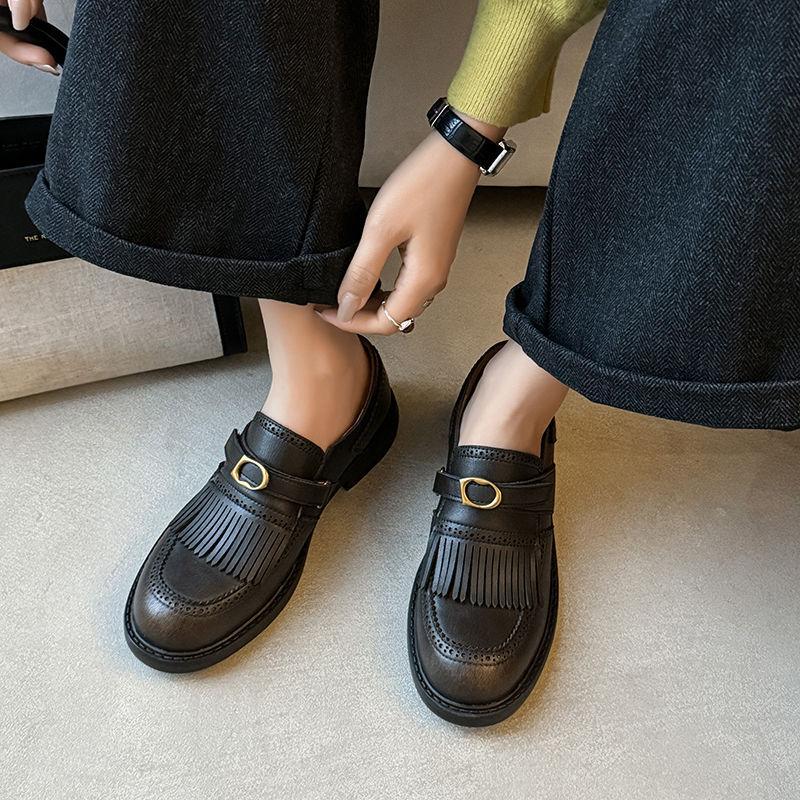 New deep mouth four-season single shoes women's comfortable cowhide single shoes solid color low heel non-slip soft sole square heel leather loafers