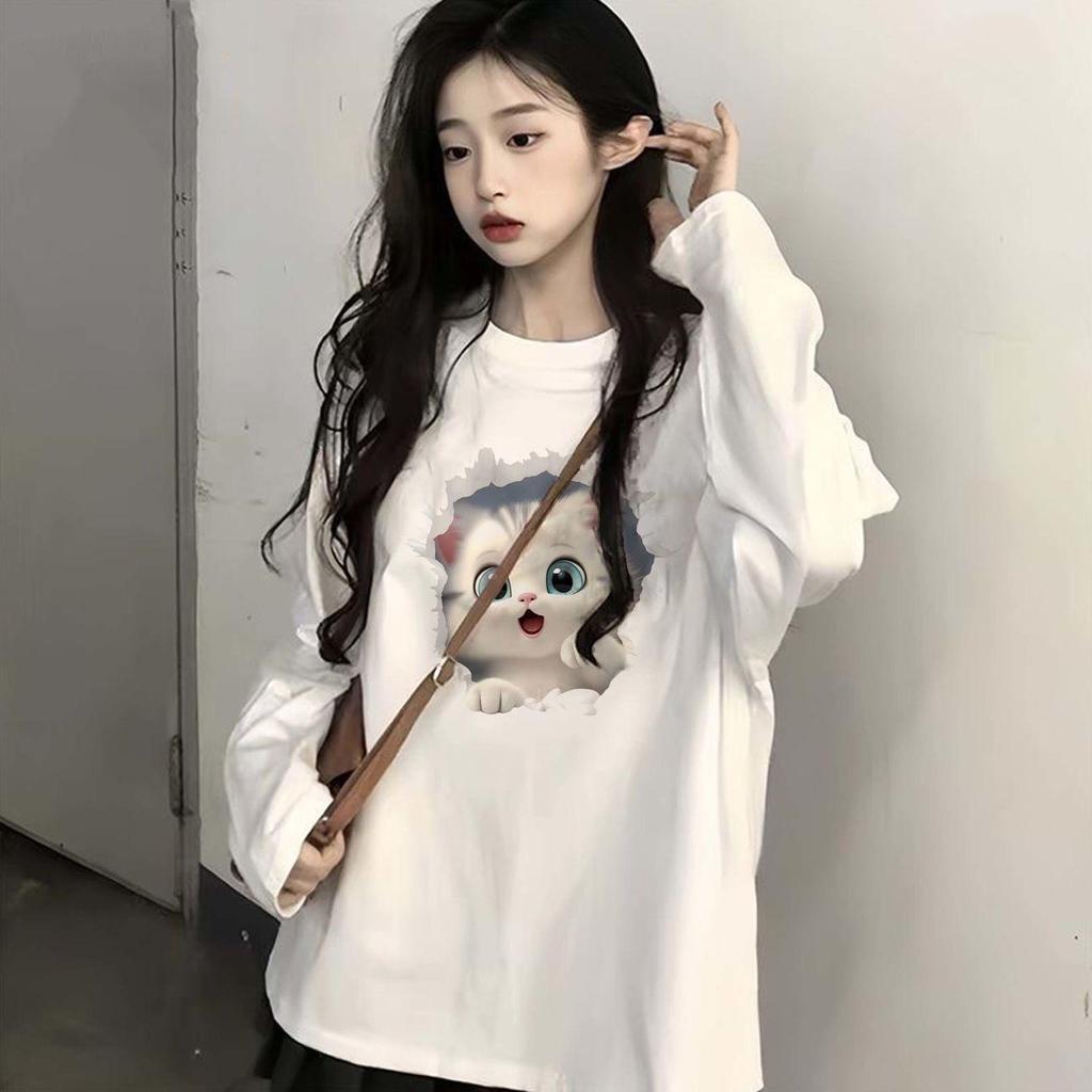 Women's Versatile Cotton Long Sleeve Crew Neck Printed Top - Loose Fit for Spring and Autumn 2025