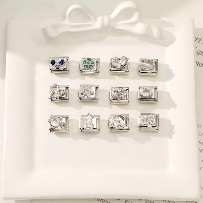 Shiny Y2K Zircon Butterfly Leaf Moon Cat Flower Fish Italian Charm Links Fit 9mm Stainless Steel Bracelet Women DIY Making Gifts