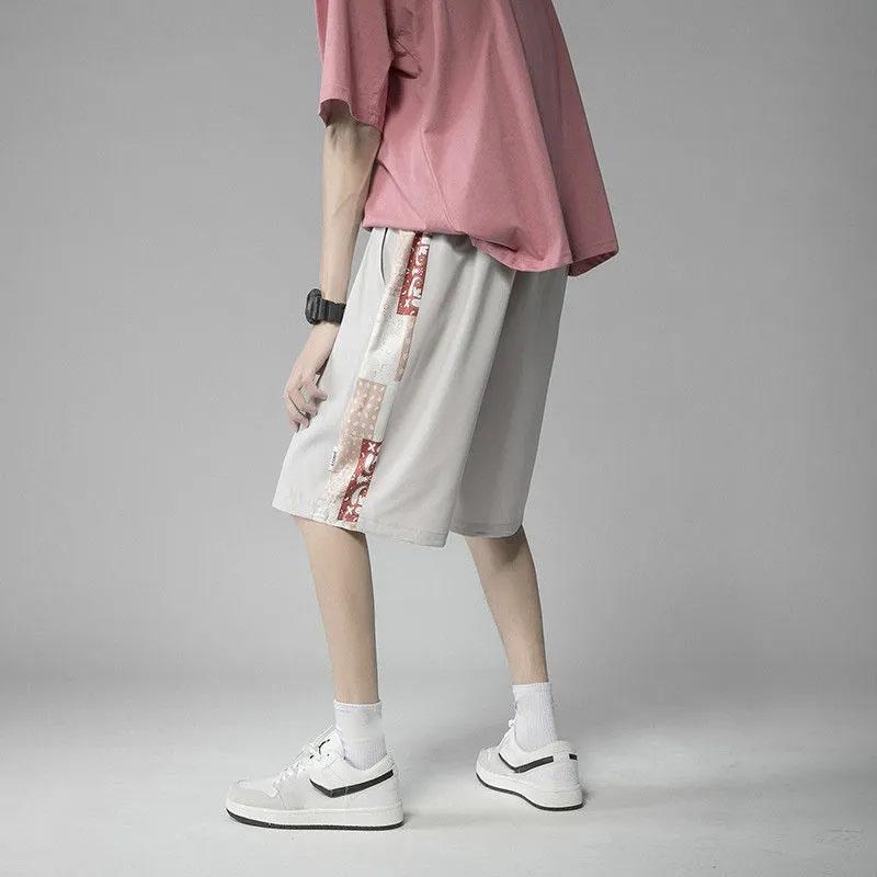 Men's Summer Printing Cooling Ice Silk Stitching Shorts Loose Outer Wear Wide-leg Five-point Pants Casual All-match Shorts