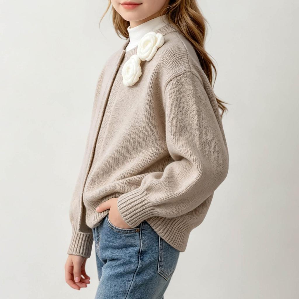 Girls' Long Sleeve Knit Cardigan with 3D Floral Design, Color for Stylish Everyday Wear